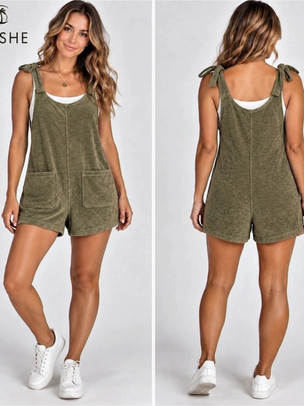 NWT CUPSHE Olive Green Tie Strap Romper Small Terry Knit Front Pocket Casual Boh